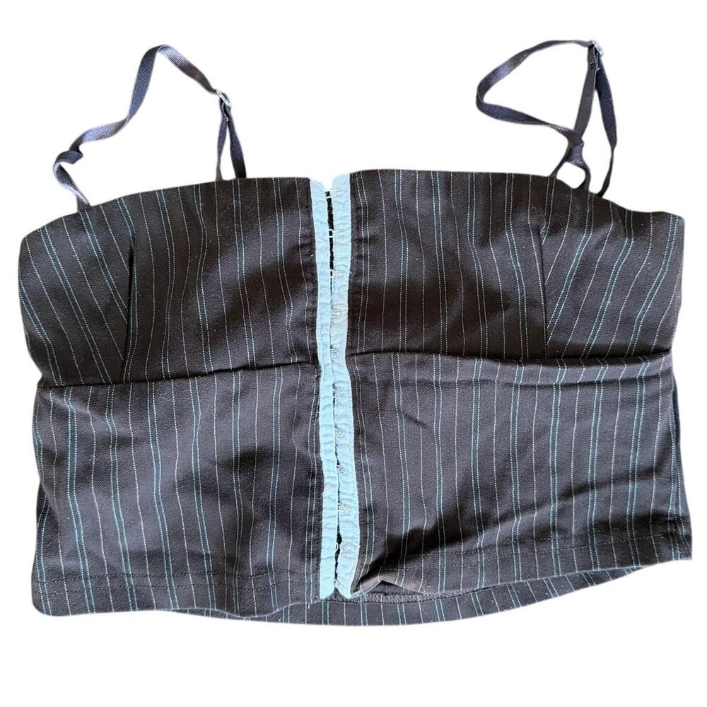 Isabella Vrana Brown Pin Stripe Butterfly Logo Corset Closure Crop Top Y2K